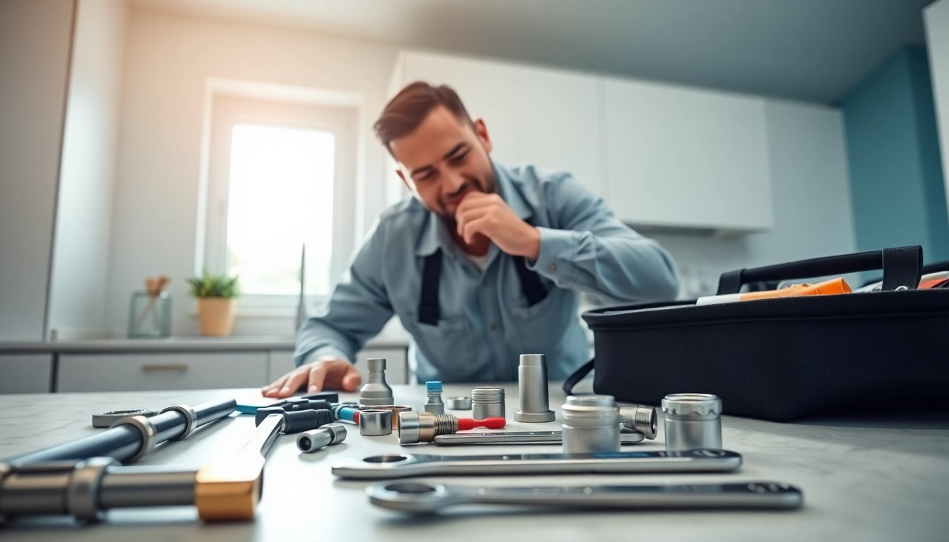 Hire a skilled plumber near me fixing pipelines in a bright, modern kitchen.