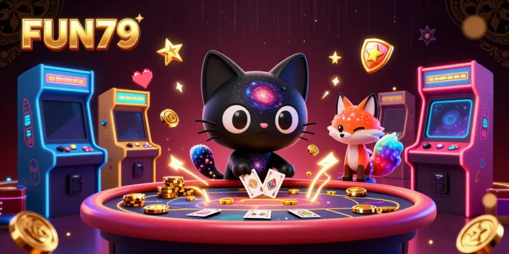 Engage in thrilling gameplay at FUN79 with a vibrant cosmic casino scene featuring animated characters and game elements.