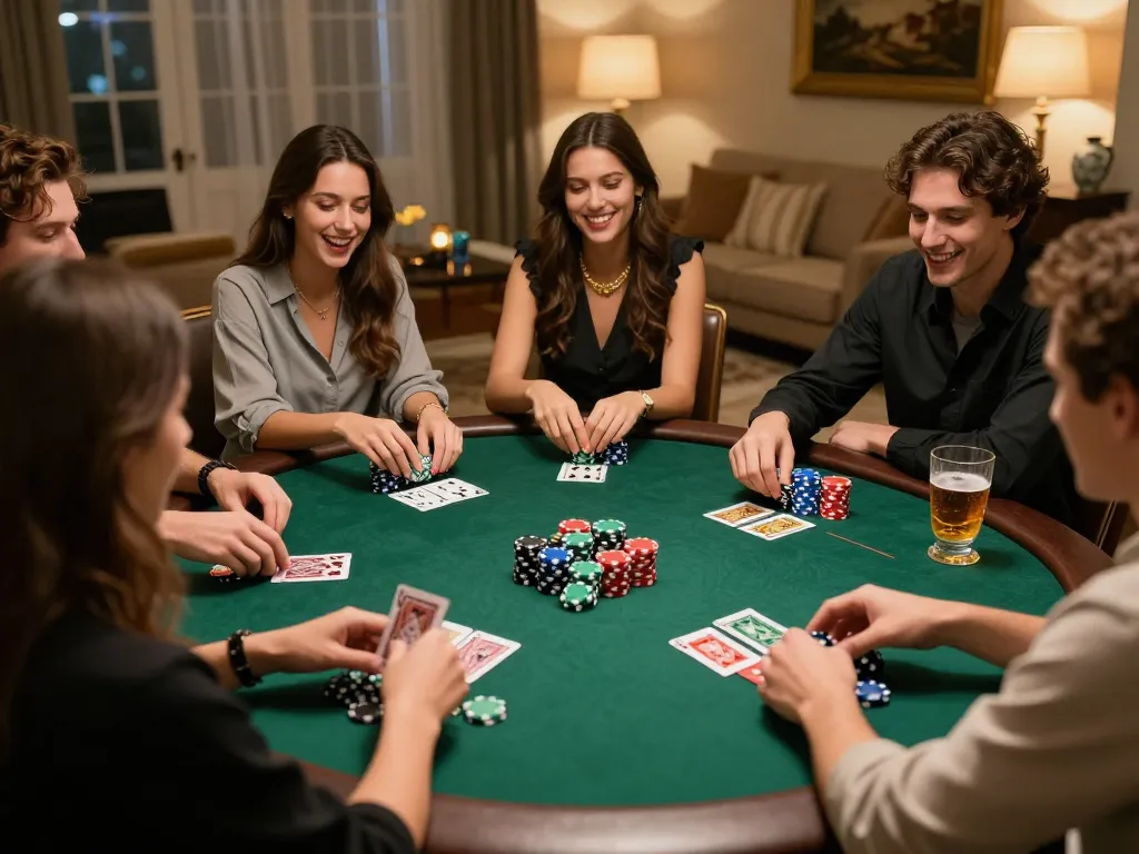 A group enjoying a poker game at home, highlighting the engaging experience at nhà cái hbet.