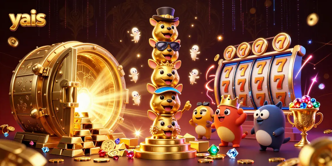 Engage with yais at an exciting cartoon casino featuring a golden totem with slot reels, vibrant treasures, and lively energy.