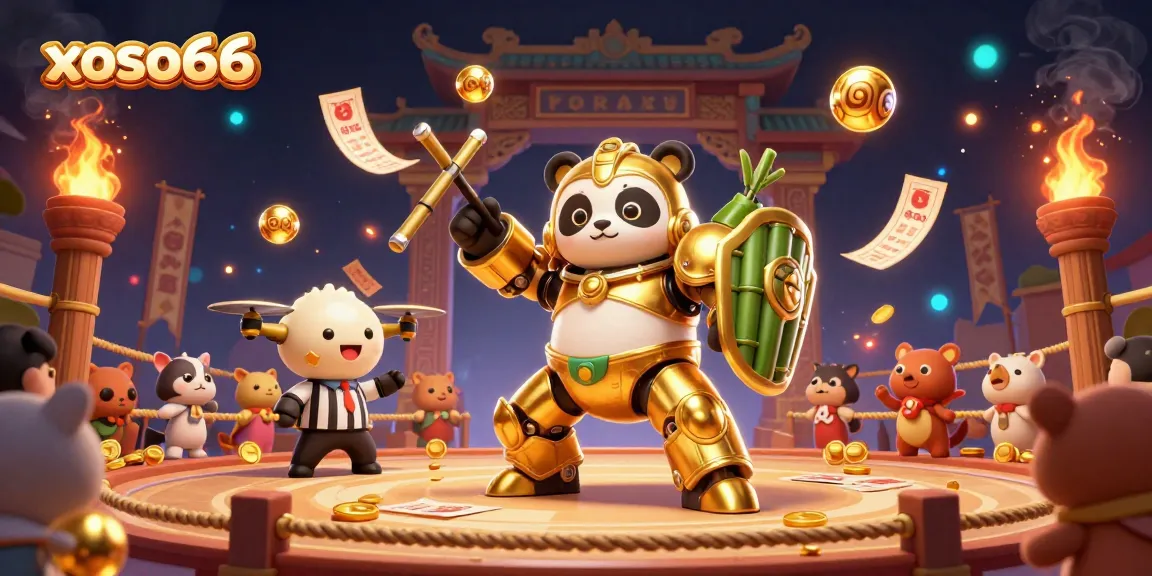xoso66 unleashes thrilling lottery excitement with a dynamic 3D panda robot in a bustling arena.