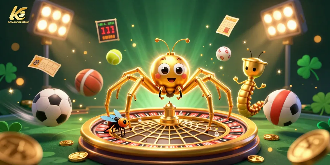 Engage in thrilling sports betting action with keonhacai55chuan's golden spider and centipede dealer illustration.