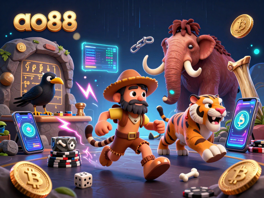Experience thrilling action at ao88 with a vibrant prehistoric casino scene featuring a caveman duo and rich gaming elements.