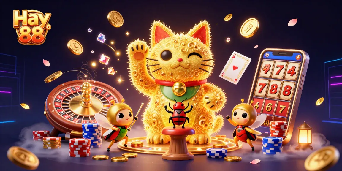 Experience excitement at Hay 88 with a dynamic illustration of a lucky cat, golden coins, and casino symbols.