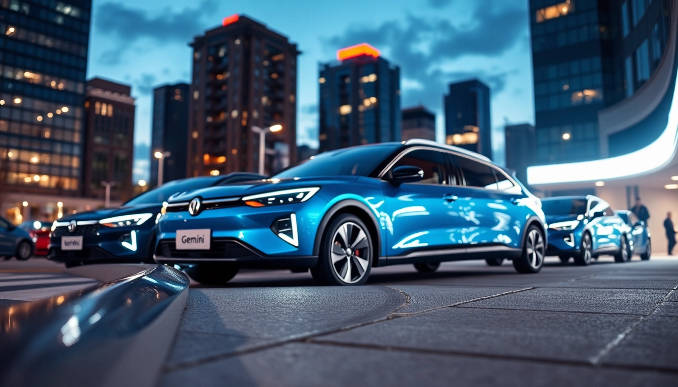 Showcase of Gemini cars displaying sleek designs in a vibrant urban setting.