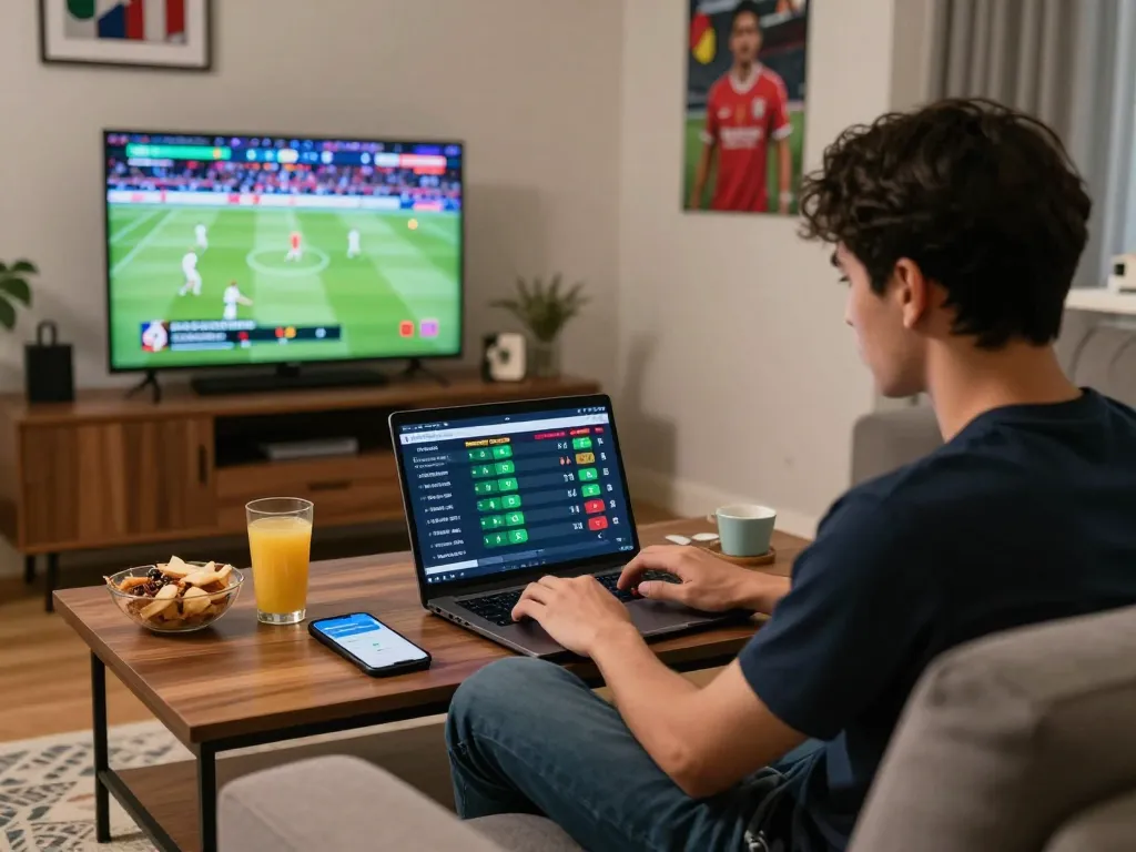 Engaging moment analyzing kèo nhà cái 5 during live soccer betting at home.