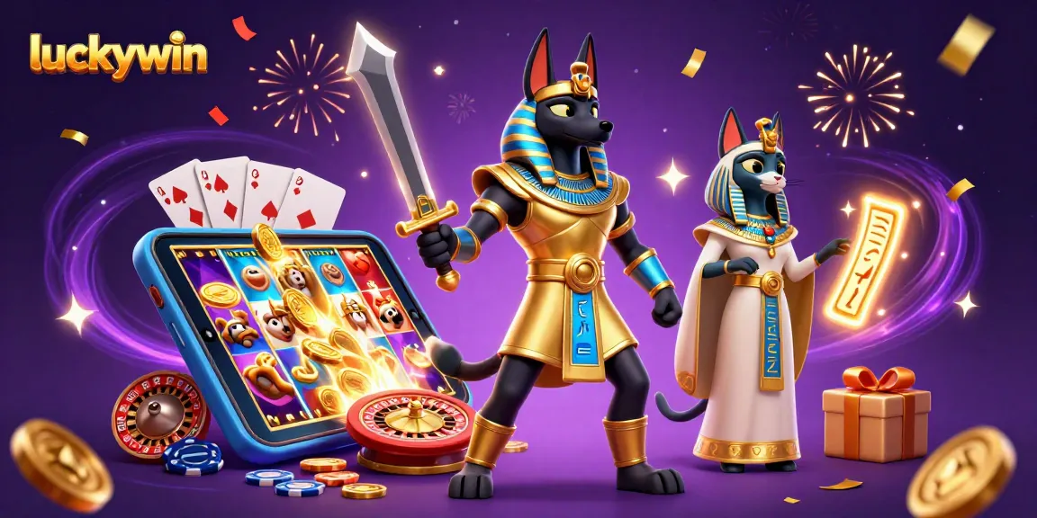 Experience the fun of luckywin with an illustrated scene of Anubis and Bastet surrounded by casino games.