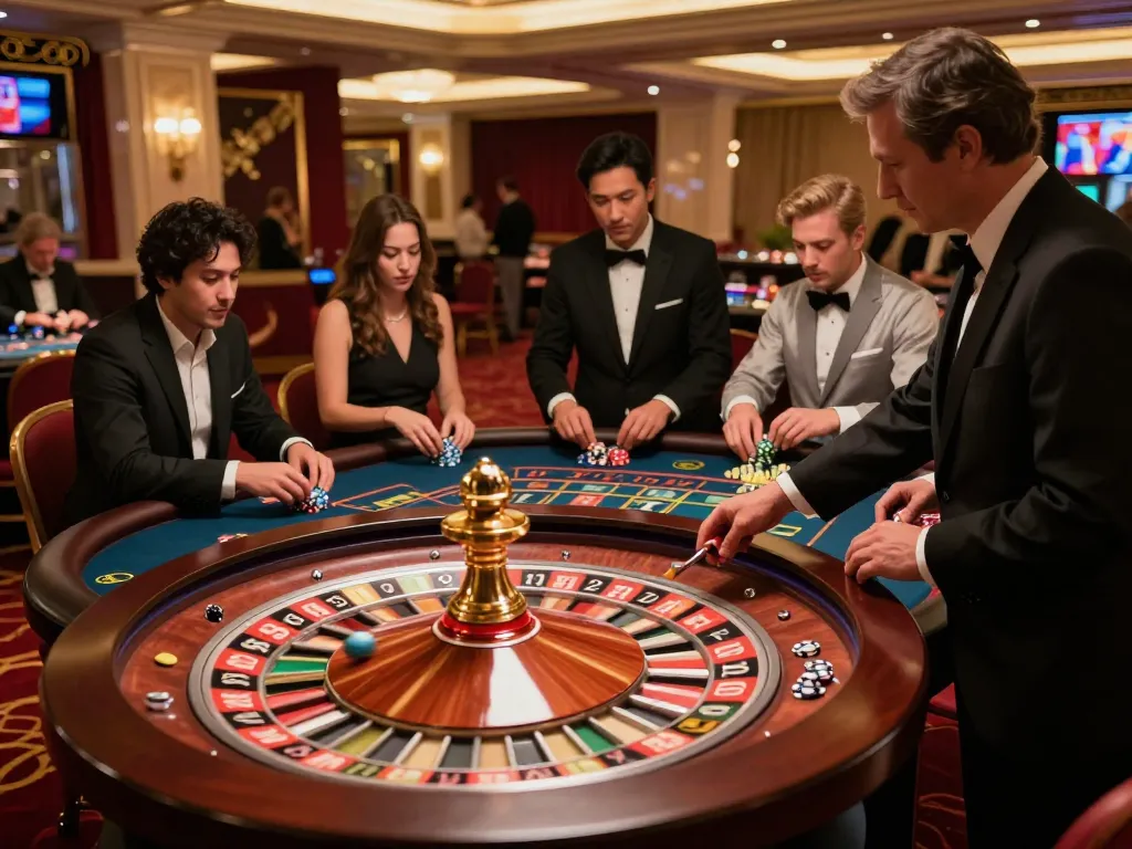 Experience thrilling gameplay at a sun win roulette table with excited players and a professional croupier.