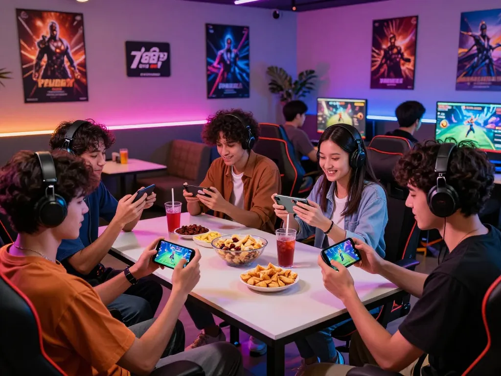 Group enjoying 789club gaming experience on smartphones in a vibrant lounge.