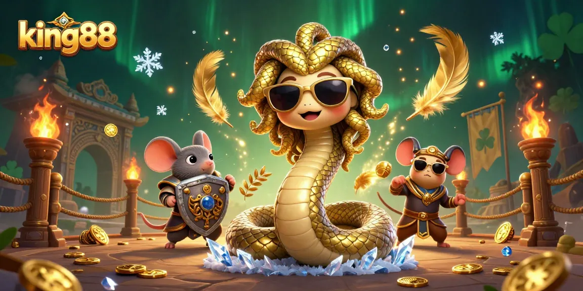 Experience the thrilling world of king88 with a vibrant 3D scene featuring a friendly Medusa and a warrior mouse among golden coins and gaming elements.
