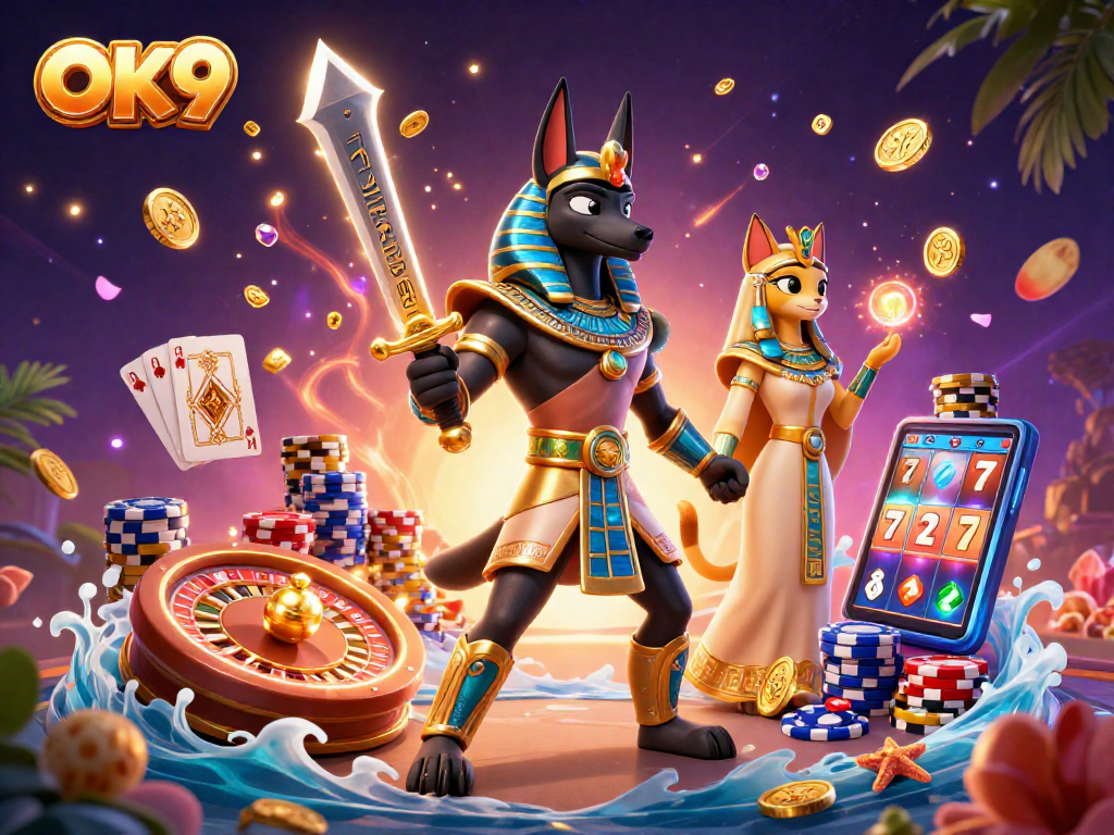 Win big with OK9 as Anubis and Bastet bring luck amidst cascading coins and lively gaming elements.