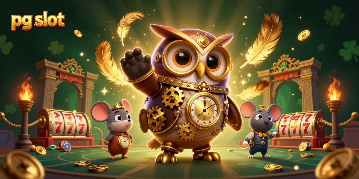 Engage with pg slot gaming visuals featuring a steampunk owl, vibrant coins, and slot reels.