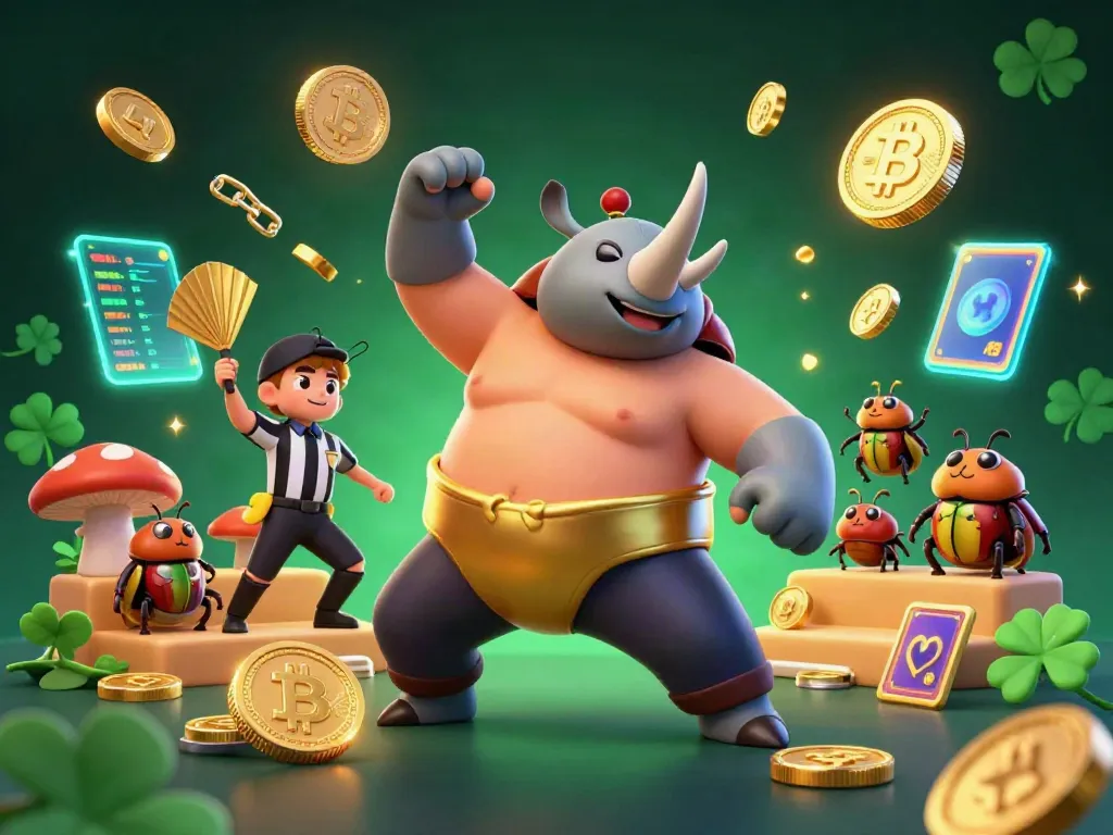 Experience thrilling KU WIN action with a rhinoceros beetle champion amid flying coins and vibrant crypto elements.