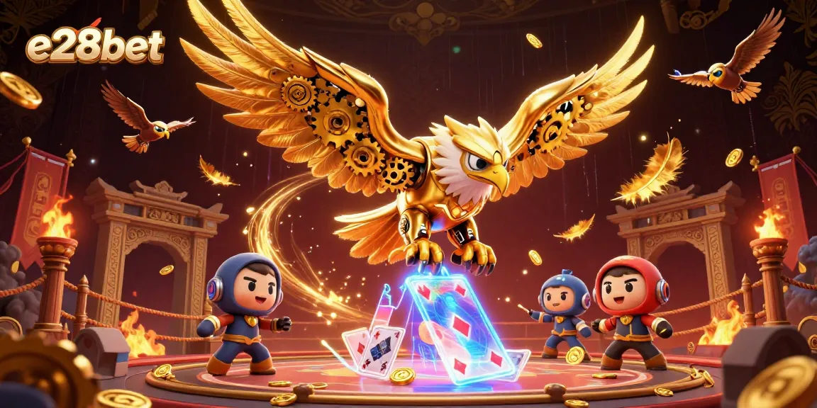 Experience thrilling betting action at e28bet with a dynamic illustration of a golden eagle amidst vivid gaming elements.