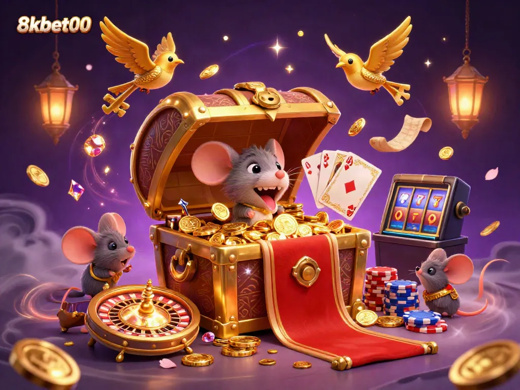 Experience the excitement of 8xbet00 casino with thrilling characters and dynamic gaming elements in a vibrant, rich illustration.