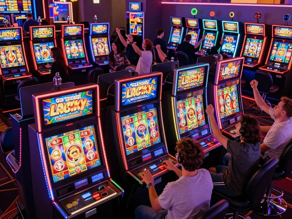 Players enjoying the exciting Lucky 88 slot machines at a bustling casino, emphasizing thrills and wins.
