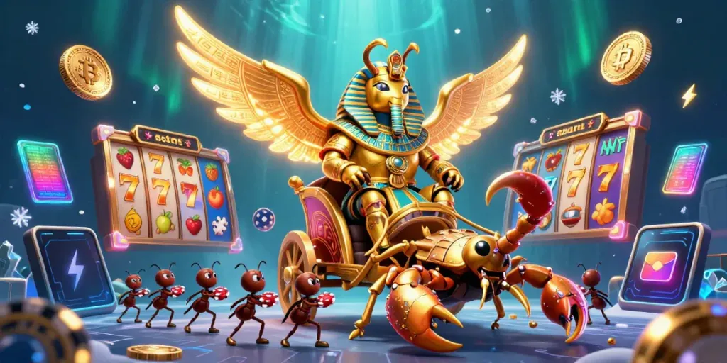 Slot modern dengan jackpot cerah dan simbol buah dalam ilustrasi 3D berwarna-warni.