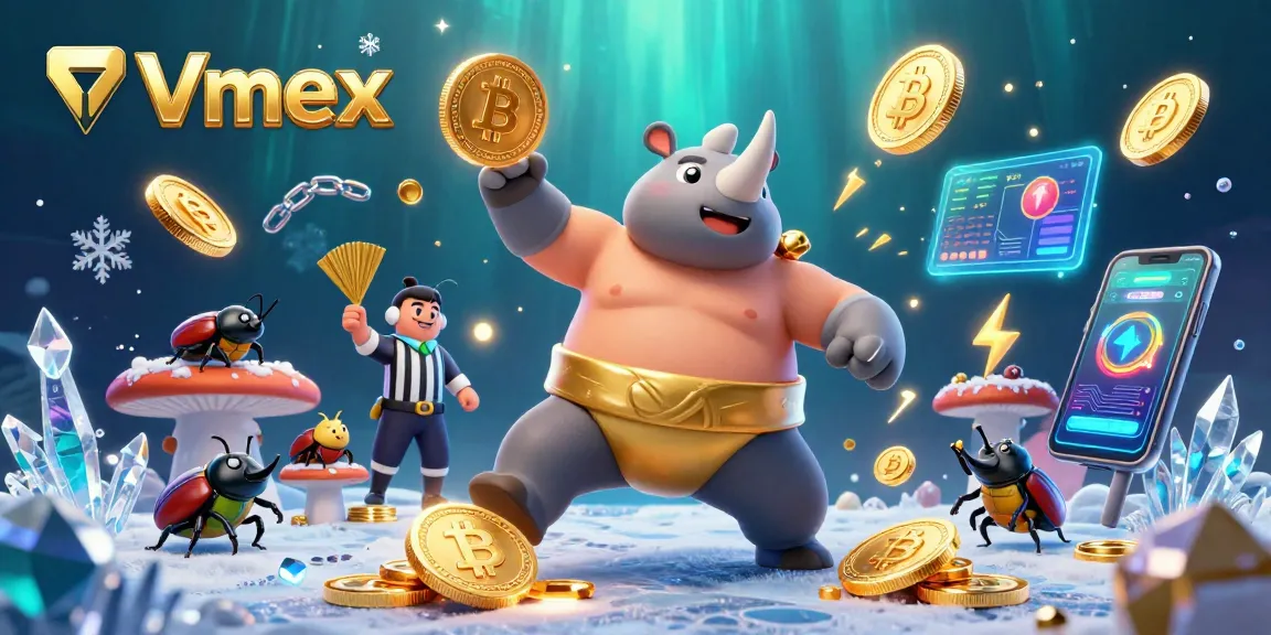 Bet on Vmex as the rhinoceros beetle sumo champion stomps through a vibrant crypto casino scene.