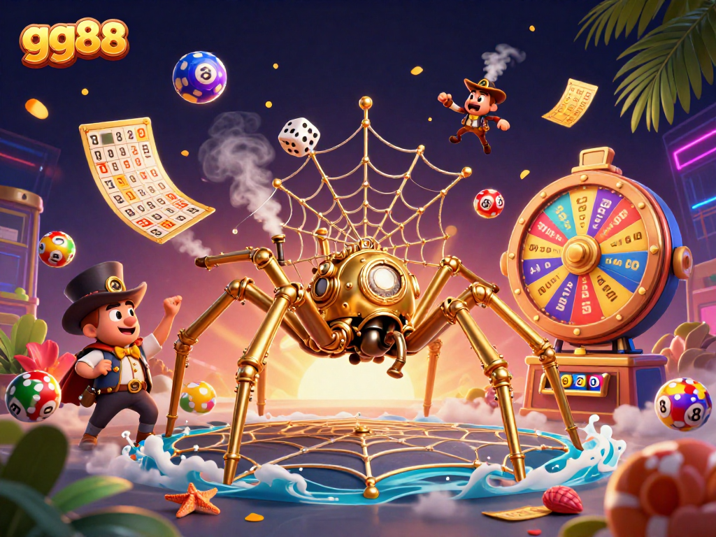 Experience thrilling moments at gg88 with a steampunk spider, bouncing lottery balls, and vibrant casino elements.