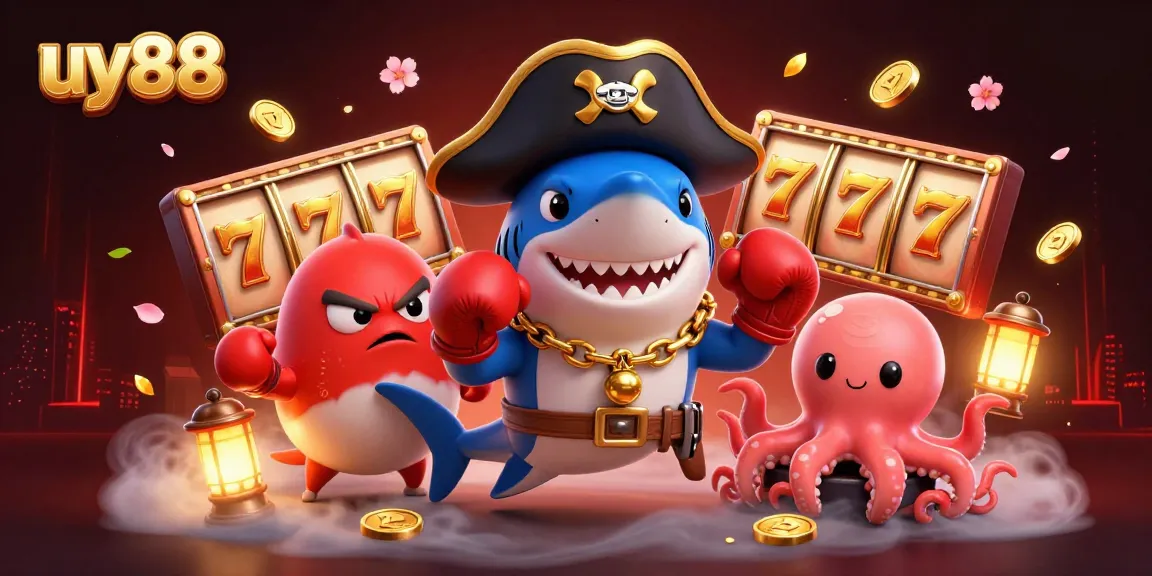 Experience the excitement of uy88 with the shark, pufferfish, and octopus in a vibrant casino scene.