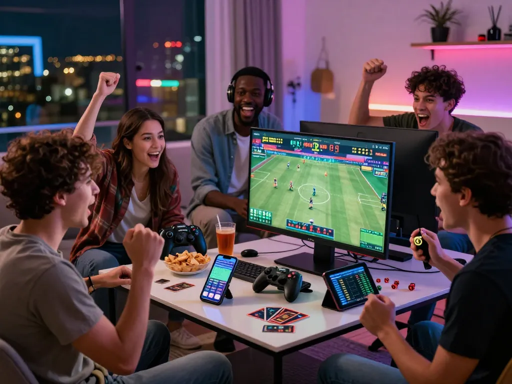 Friends enjoying a thrilling rikbet gaming night, analyzing live sports betting statistics with snacks and drinks.