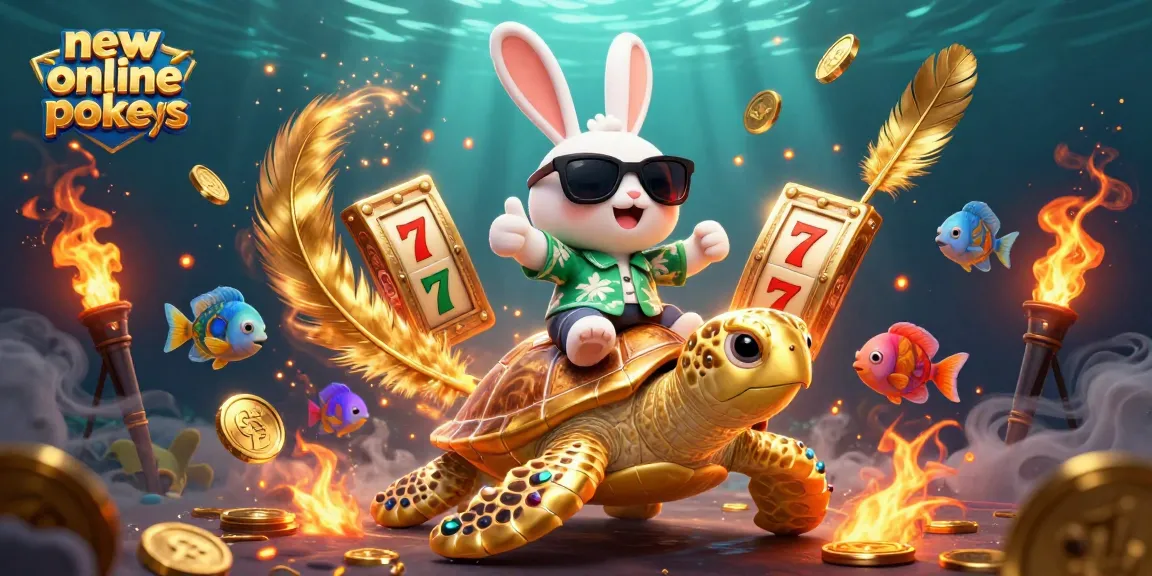 Experience new online pokies with a charming rabbit and sea turtle amid vibrant casino elements.