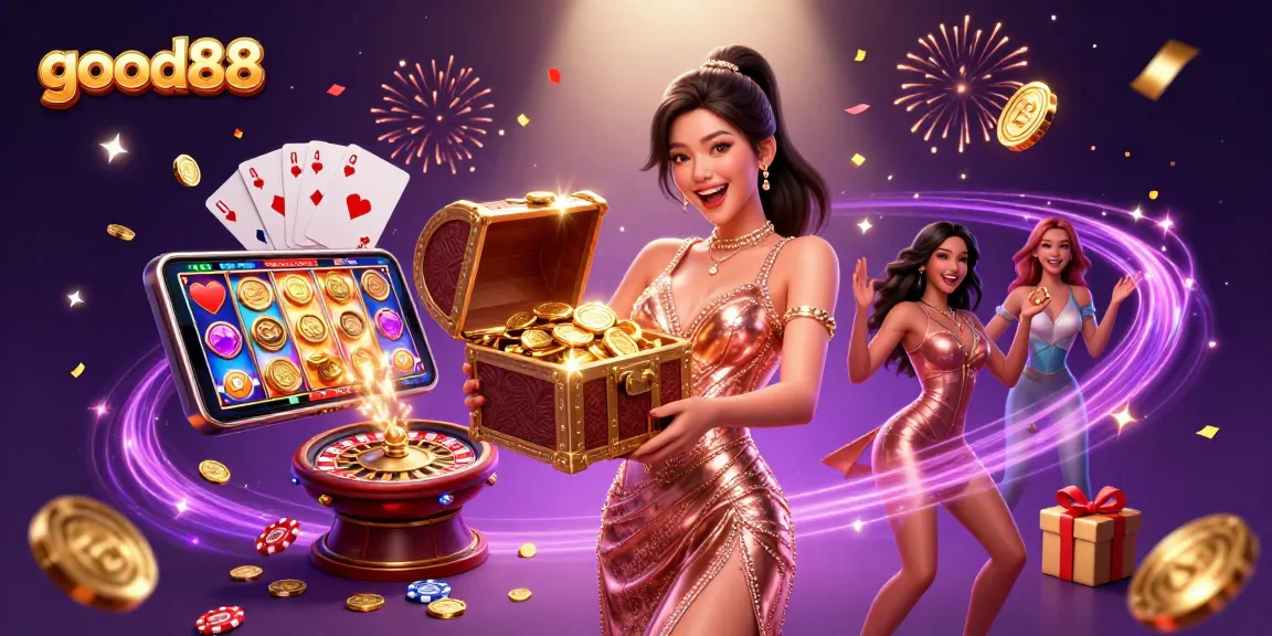 Experience the excitement of good88 with a stunning treasure chest of winnings in a vibrant casino setting.
