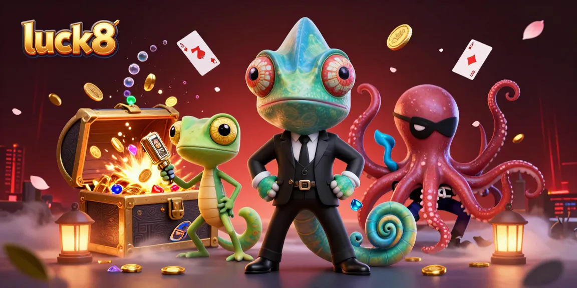 Experience the vibrant casino world of luck8 with characters and slot symbols cascading in a colorful scene.