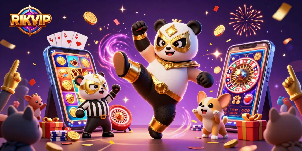 Experience RIKVIP's dynamic gaming excitement with a 3D illustration showcasing a vibrant casino atmosphere.