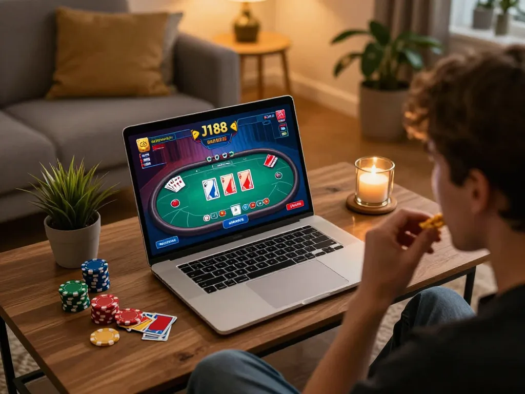 Player enjoying the J188 game on a laptop in a cozy living room, showcasing engaging online gaming experience.