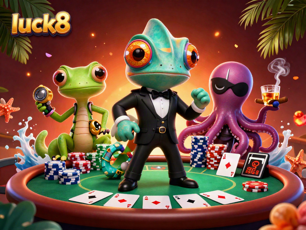 Engage in thrilling poker action at luck8 with animated characters and vibrant casino elements.