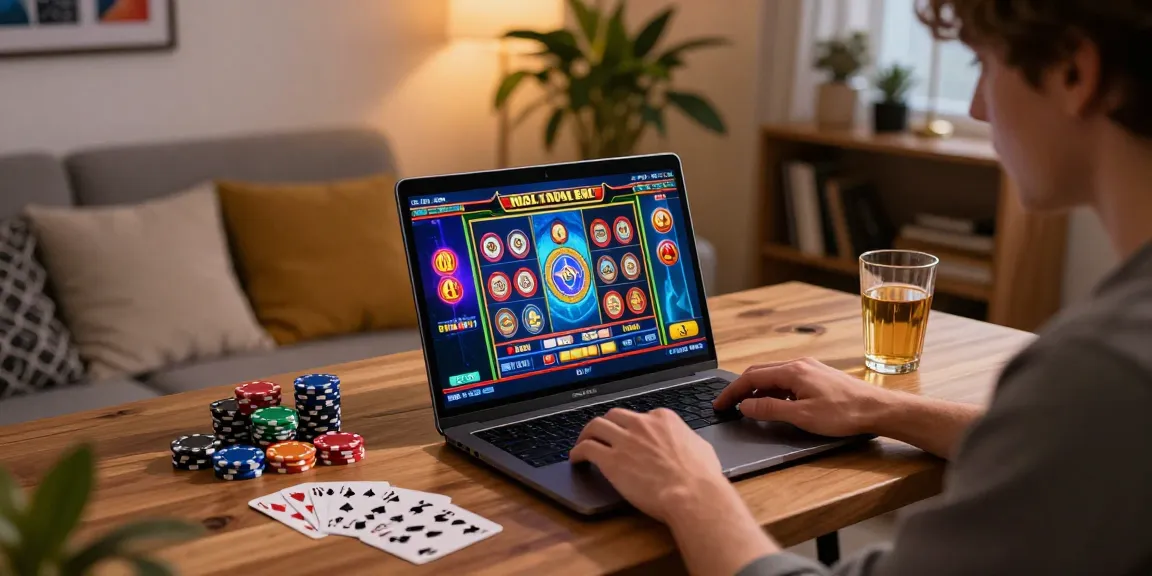 Exciting non UK casinos scene with a British player enjoying online gaming, vibrant slot games, and cozy atmosphere.