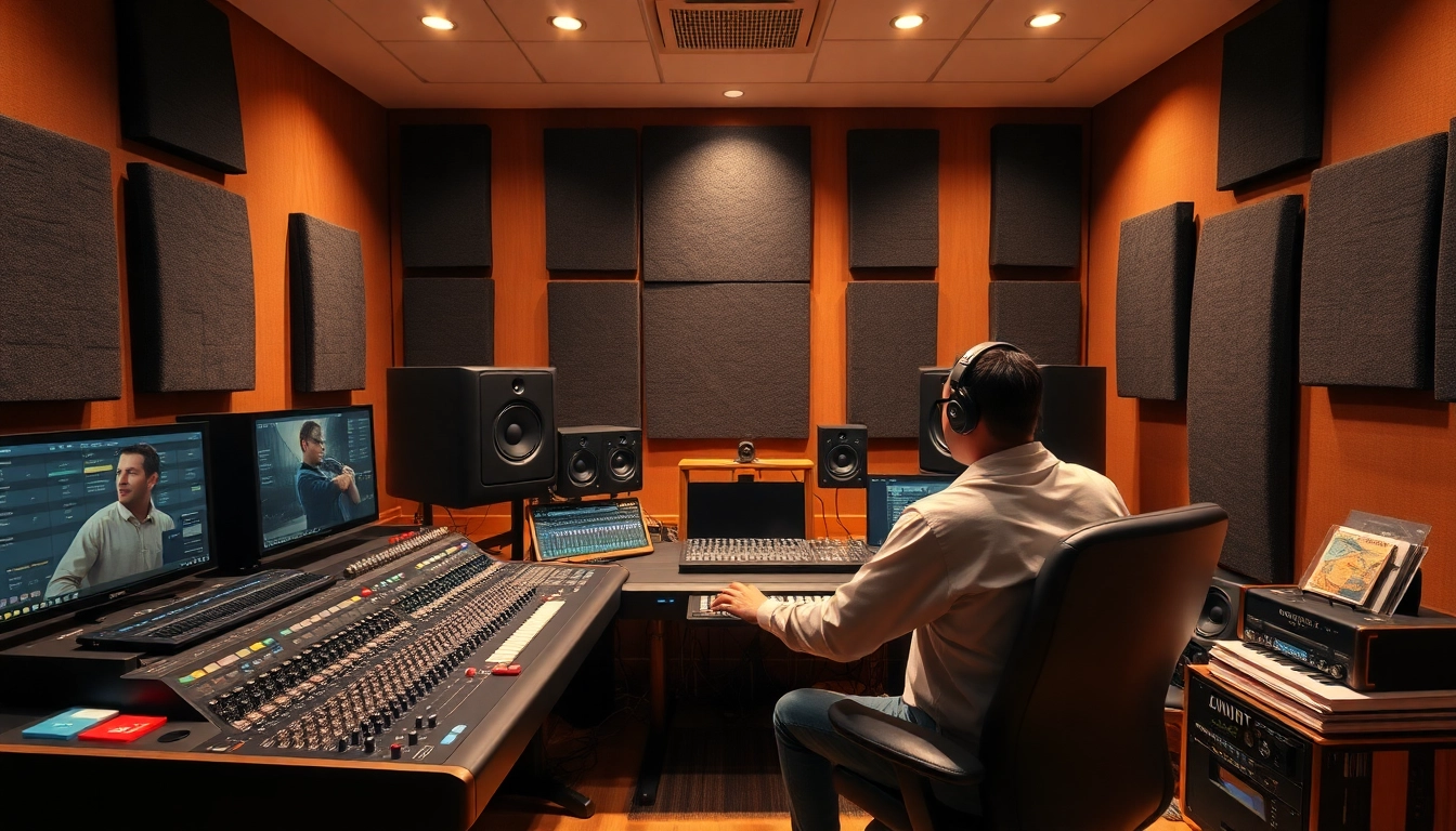 Engaging scene of online audio mastering, showcasing an engineer using professional tools in a studio.