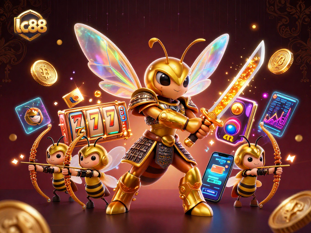 Engage with lc88 by exploring the vibrant 3D scene of a hornet samurai and bee archers amidst thrilling slots and cryptocurrency elements.