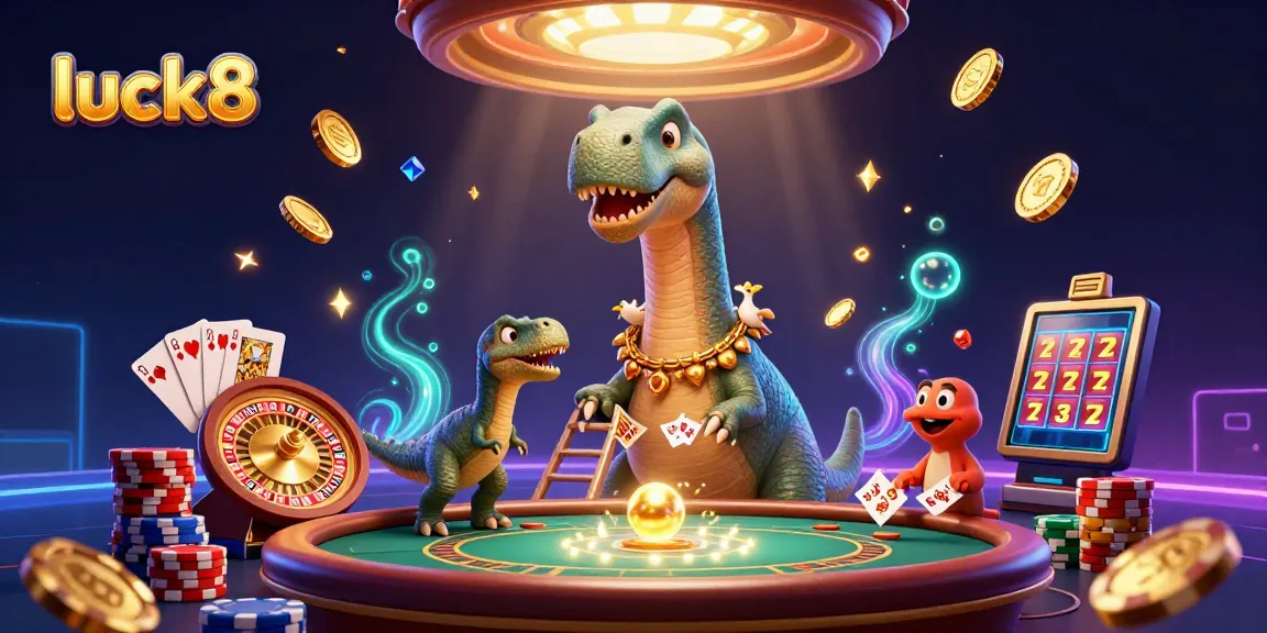 Luck8 showcases a whimsical casino scene with a brontosaurus and a raptor dealing cards.
