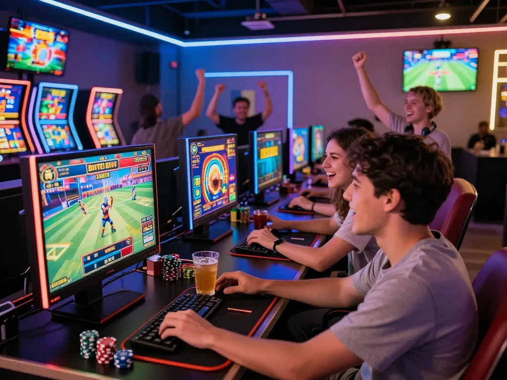 EE88 gaming atmosphere with players enjoying slots and sports betting in a vibrant lounge, showcasing excitement and community.