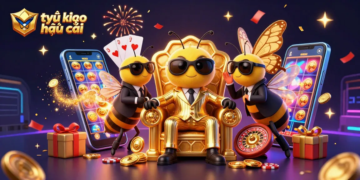 Engage with tỷ lệ kèo nhà cái in a vibrant illustration featuring a bee mob boss and gambling elements.