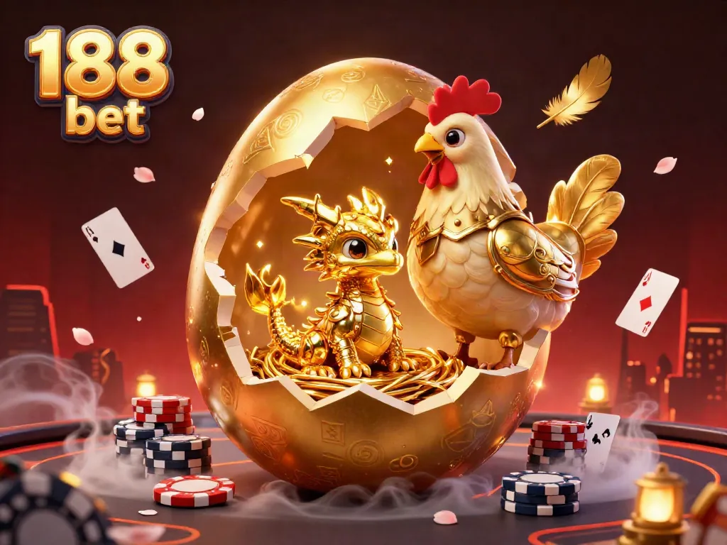 Experience thrilling moments with 188 bet as a golden dragon emerges from a poker chip nest.