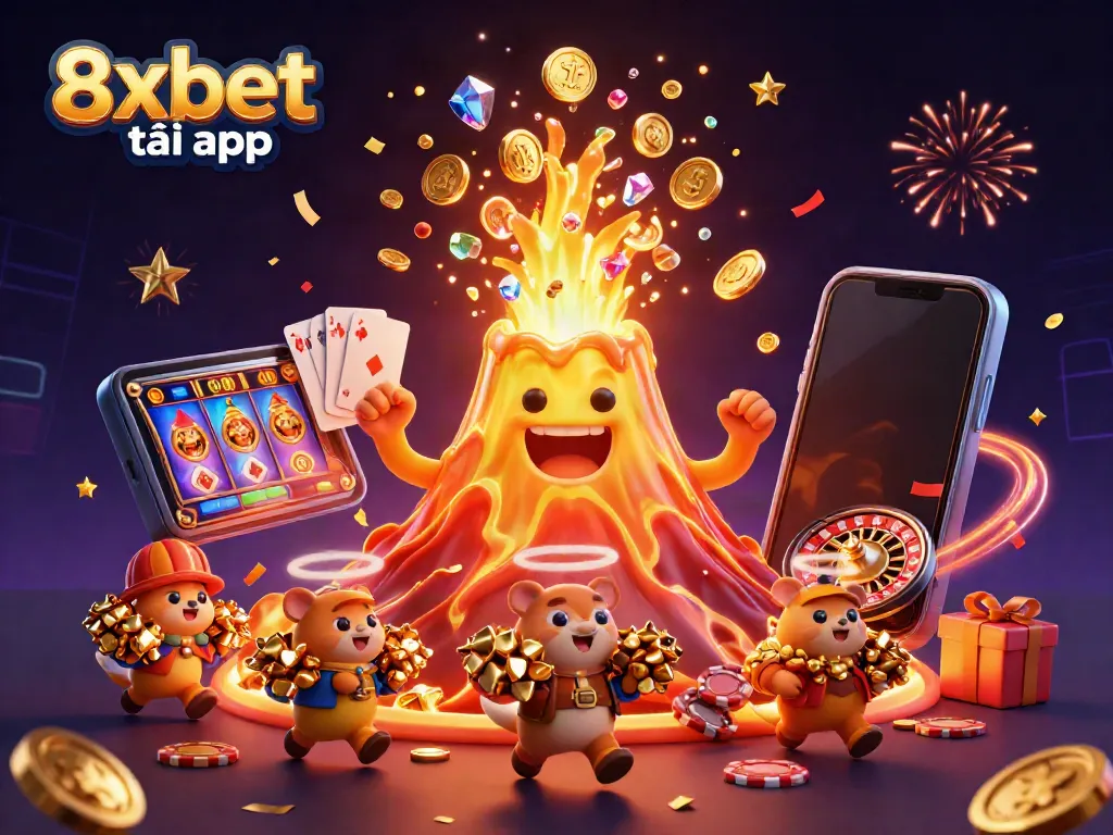 Experience thrilling wins with 8xbet tải app, featuring a volcano of coins and vibrant game elements.