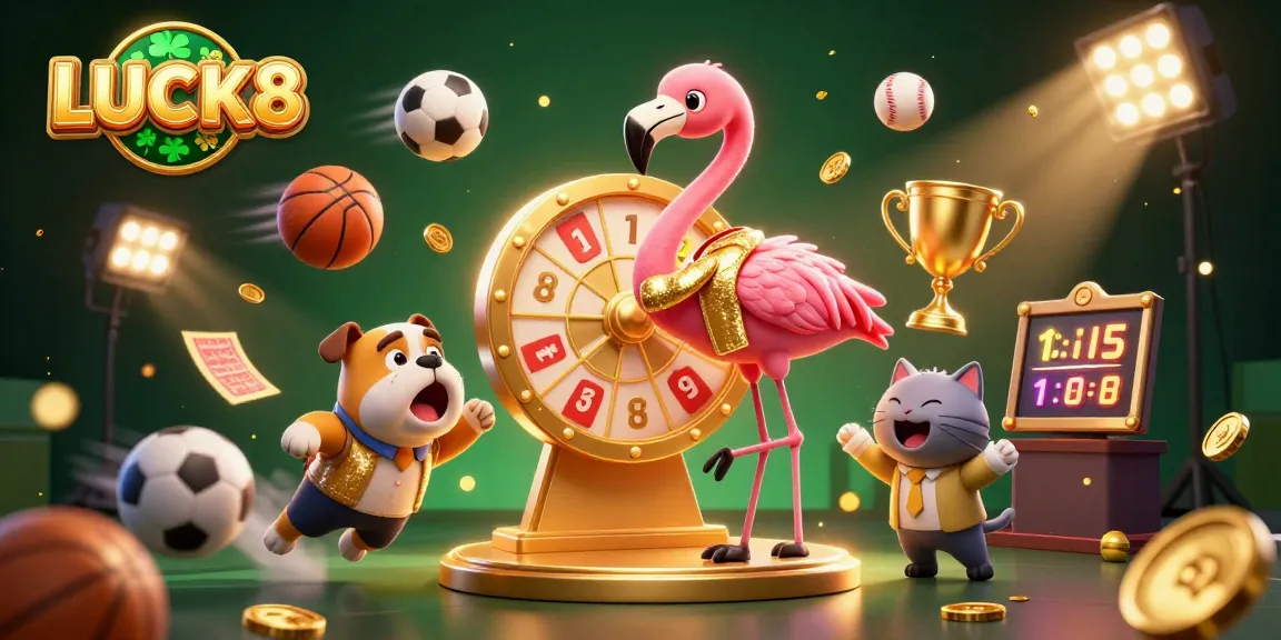 Spin the LUCK8 prize wheel with an energetic bulldog and sparkling prizes, embodying the fun of online casino gaming.