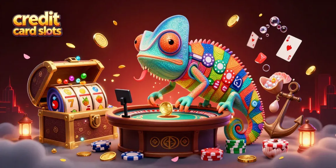 Experience excitement with credit card slots surrounded by dynamic casino elements and colorful treasures.