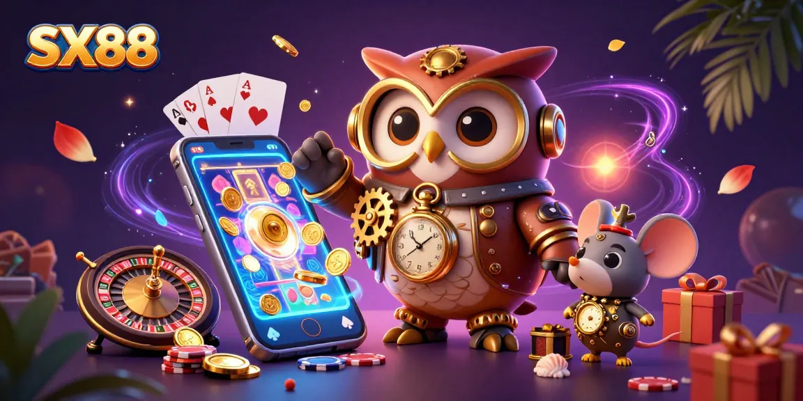 SX88 casino action captures the excitement with vibrant designs around a time-traveling owl and thrilling games.