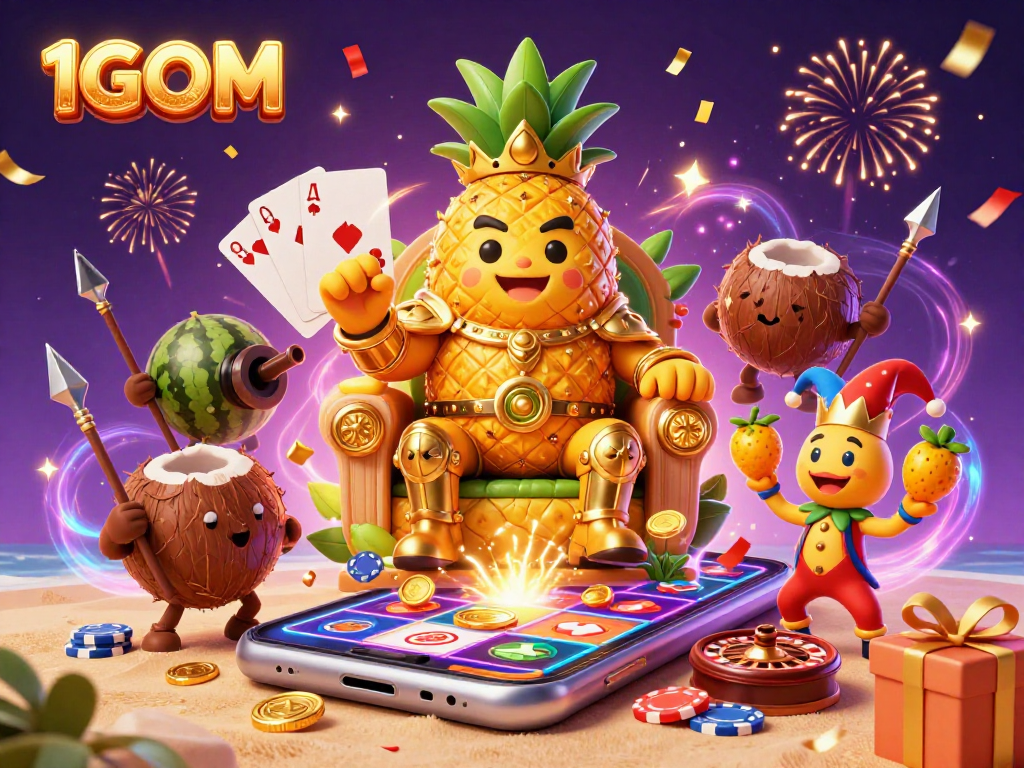 Experience the excitement of 1GOM with a vibrant 3D casino scene featuring a golden pineapple king, celebrating with game elements.