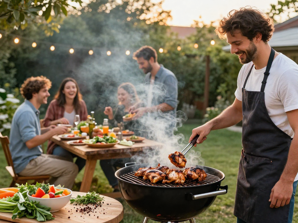 Experience flavorful grilled chicken with https://sambalrawitankoko.com's unique spices at a vibrant barbecue.