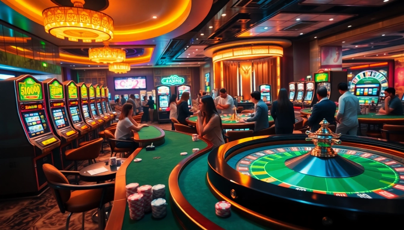 Players enjoying a thrilling moment at nohu90's vibrant online casino, showcasing slot machines and poker games.