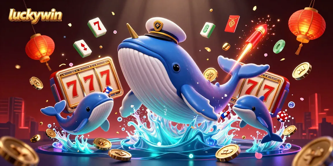 Experience winning moments with luckywin as a whale breaching through riches of coins and luck.