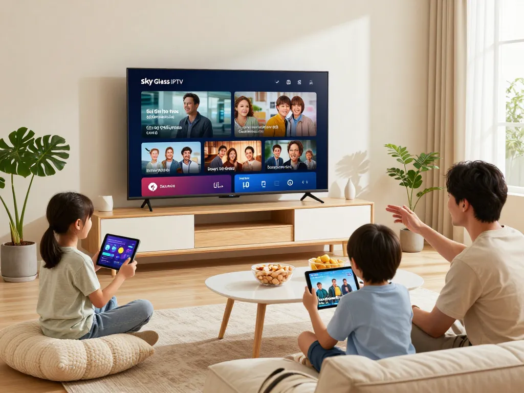 Family enjoying Sky Glass IPTV Subscription on smart TV in a cozy living room.