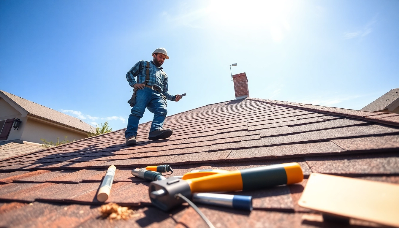 Roofing company professional inspecting a residential roof for quality assurance.