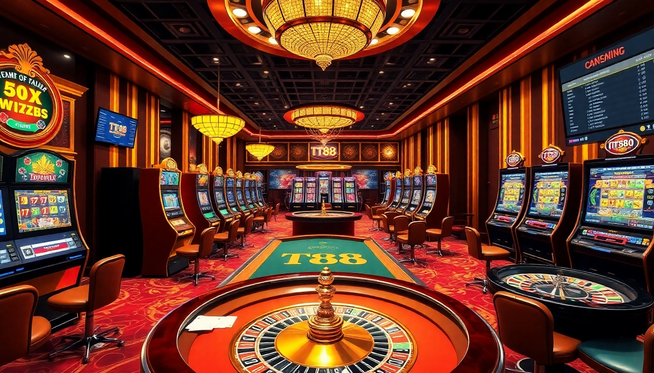 Experience thrilling gameplay at TT88 with exciting casino visuals of slot machines and poker tables.