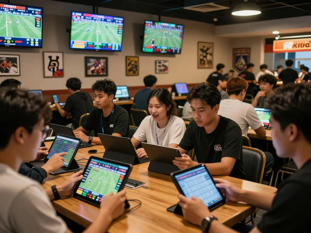 Engaged bettors analyzing kèo nhà cái hôm nay in a lively sports betting lounge, cheering and using devices.